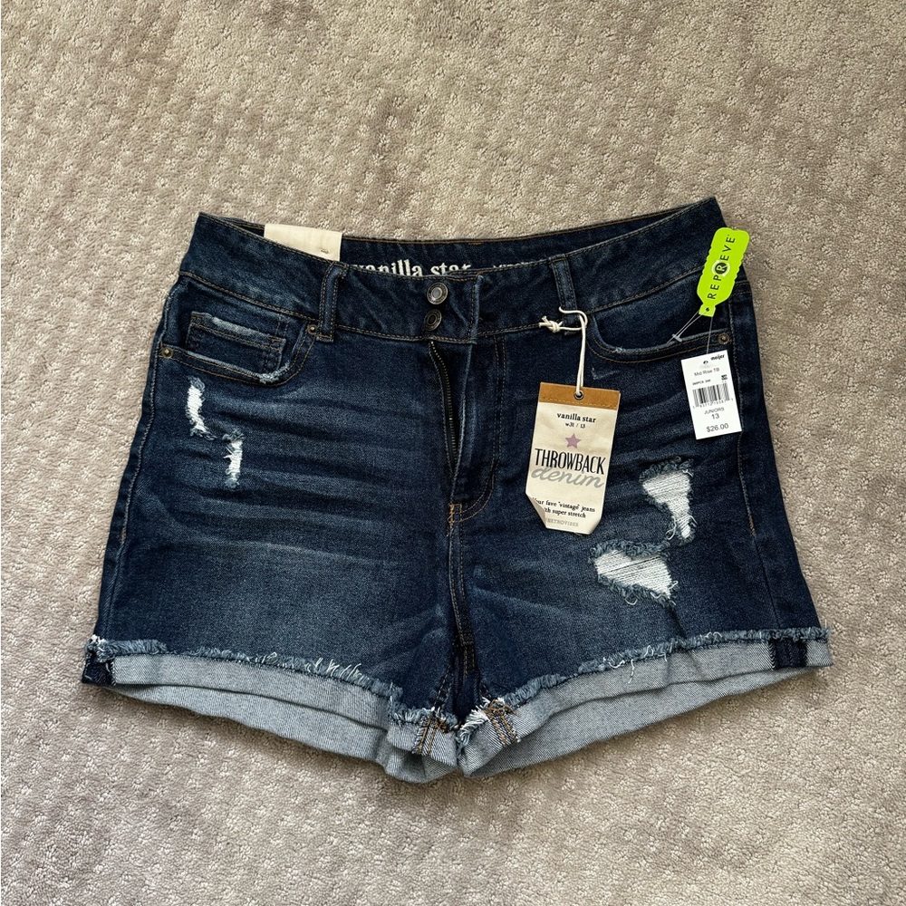 Vanilla Star Women's Distressed Dark Blue Jean Shorts